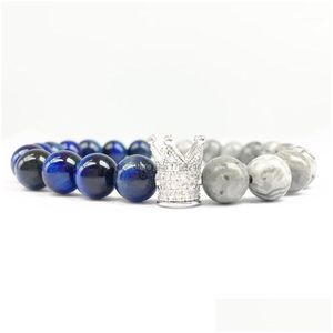 Accessoires de cheveux Brins de perles Cz0030 en vente Zircon King Crown Bracelet Naturel Bleu Foncé Tiger Eye Energy Mens Nce Drop Livraison Ba Dhjaj
