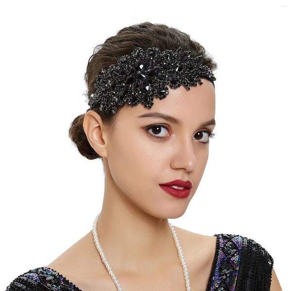 Accesorios para el cabello Diadema con diamantes de imitación negros, diadema elástica hecha a mano para mujer, boda nupcial, increíble Gatsby