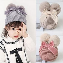 Haaraccessoires blotona geboren kinderen baby jongens meisjes dubbele bont pom hoed winter warme gebreide bobble beanie cap