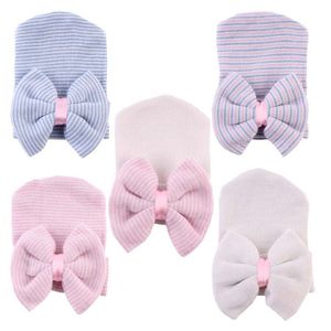 Haaraccessoires geboren Baby Hat Peuter Warme Hoeden Katoen Gestreepte Caps Zachte Roze Witte Jongens Meisjes Boog Mutsen voor 0-6m