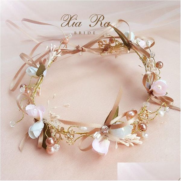 Accesorios para el cabello Corona de flores nupciales Chicas hechas a mano Colorf Perlas Rhinestones Princesa Guirnalda Boutique Niños Cinta Arcos Gota Deliv DHBD2