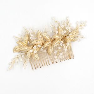 Accesorios para el cabello peineta para novia con perlas hojas doradas joyería para el cabello para mujer joyería nupcial tocados de boda BW-HP828