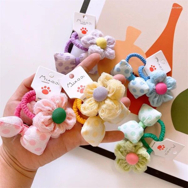 Accessoires pour cheveux Tissu de couleur vive 5 pétales Petite fleur Corde en coton Fille Ensemble de 2