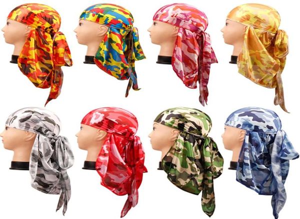 Accesorios para el cabello Camo Durag Bandanas Diadema Sombreros para mujeres Hombres do doo du rag Hat Wave Long Tail Pirate Turban Head Cover Cap1909776