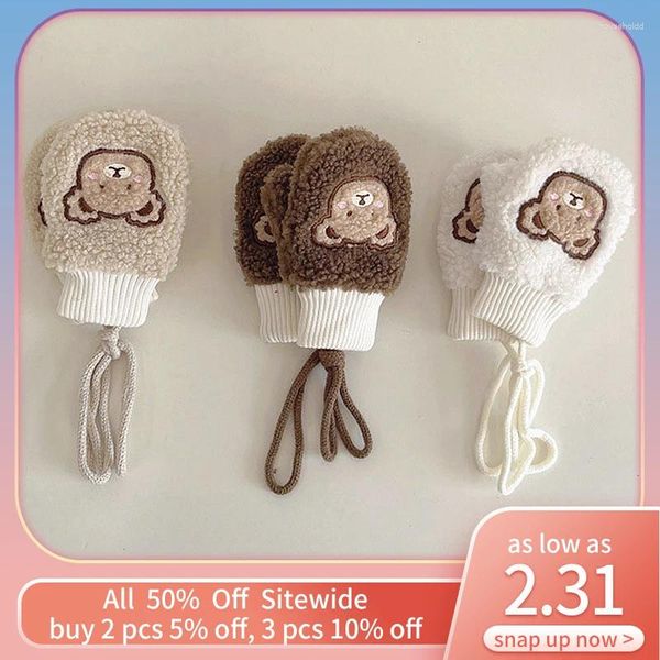 Accesorios para el cabello Oso de dibujos animados Niños Halterneck Mitten Bebé Invierno Calentador de manos Niños Suave Cordero Fleece Guantes de dedo Niño Niña Felpa gruesa