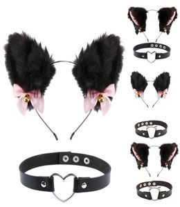 Accessoires pour cheveux Oreilles de chat Bandeau en peluche Furry Mignon avec Bow Bell Chocker Fluffy Headwear Collier de chaton pour la fête Halloween8457103