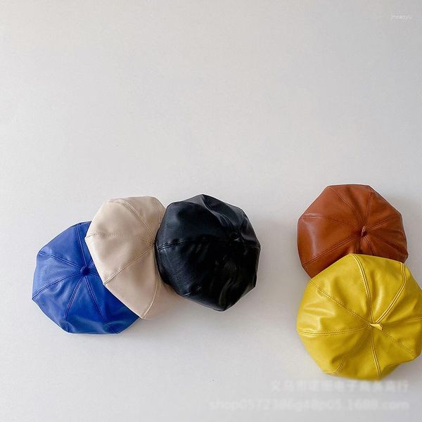 Accessoires de cheveux enfants en cuir béret chapeau couleur Pure toit plat limite sauvage casquette à visière Sboy Pu rétro décontracté