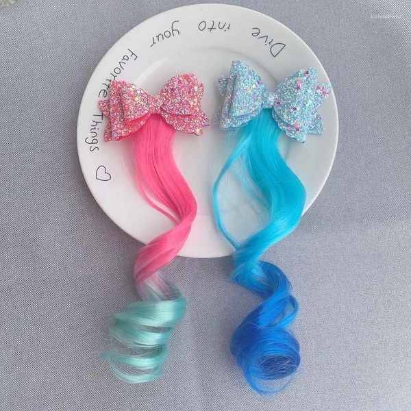 Accesorios para el cabello Peluca de lazo colorido para niños Clip lindo Fiesta de cumpleaños Extensiones de cola de caballo rizadas