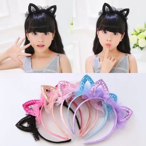 Accesorios para el cabello Cintas para el cabello de encaje para niños En forma de gato Linda chica Oreja Horquilla Lentejuelas Moda Rosa Hada Diadema Sombrero negro Diadema divertida