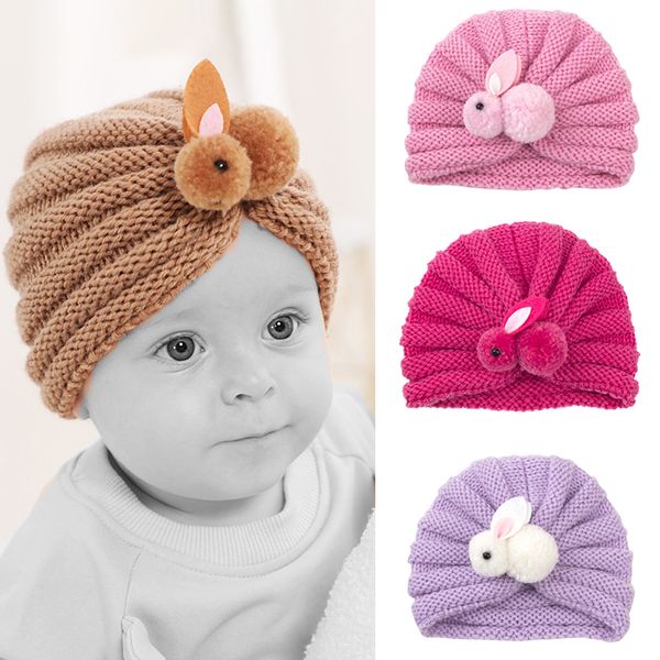 Accessoires pour cheveux Chapeaux tricotés en laine pour enfants Garder au chaud Automne Hiver 0-3 ans Bébé Chapeau Couleur unie Mignon Lapin Pneu chapeaux WH0234