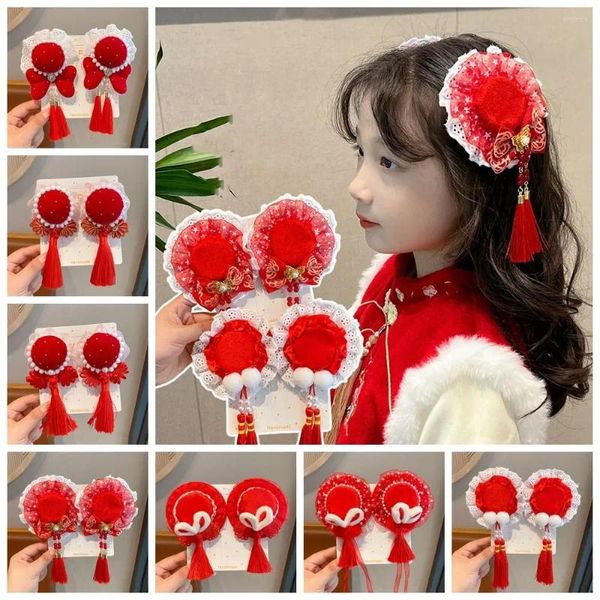 Accesorios para el cabello nudo chino niños horquilla roja borla tela año sombreros estilo antiguo