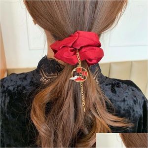 Accesorios para el cabello Bandas elásticas de estilo chino para mujeres Cadena de metal Colgante Scrunchies Head Tie Hairbands Girls Headpiece Drop Delivery Dhnqd