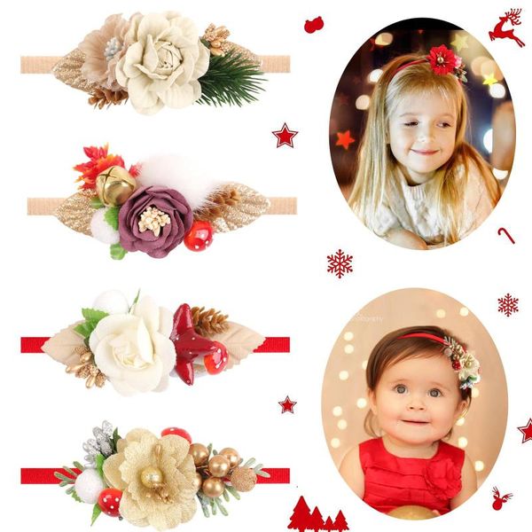 Accesorios para el cabello Navidad Elástico Headwear Hairband Diademas Elástico Head Hoop Born Girls Bebé Infantil Flores artificiales Accesorio