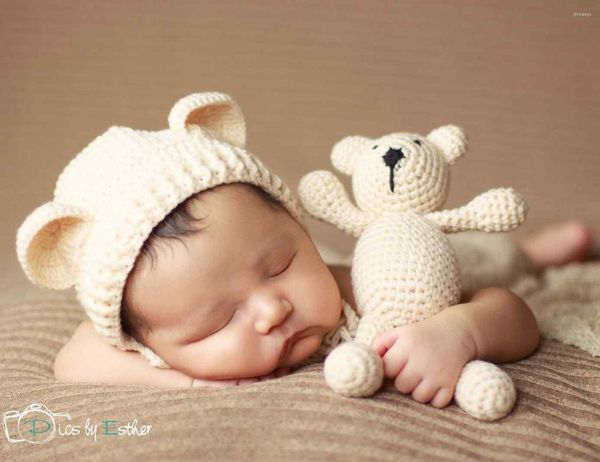 Accesorios para el cabello Patrón de ganchillo Sombrero de oso de bebé con juguetes para Born Pography Props Beanie Cap Studio Po Animal