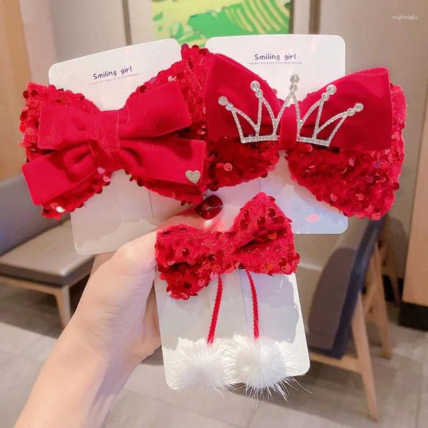 Accesorios para el cabello Corona Princesa Clip para niños Lentejuelas Bowknot Niñas Joyería roja 3D Headwear