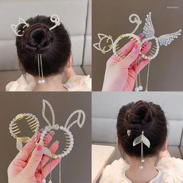 Accesorios para el cabello, ala de Ángel de cristal, Clip con orejas de animales, horquillas con perlas y borlas elegantes, diadema para moño con cola de caballo para mujer y niña