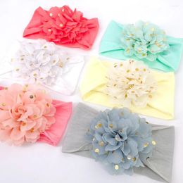 Haaraccessoires Leuke chiffon bloem babyhoofdband effen kleur gouden stip bloemen brede band babymeisje elastische hoofddoeken kinderen