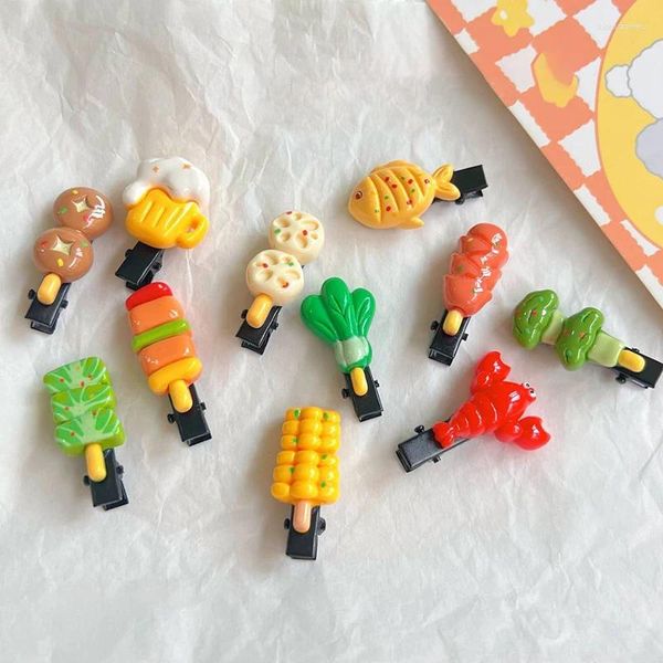 Accessoires pour cheveux, brochettes grillées mignonnes, épingle à cheveux, Simulation de nourriture, légumes, poisson, Barbecue amusant, Clip latéral pour fille