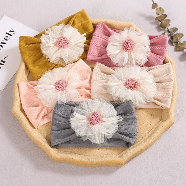 Accesorios para el cabello lindo encaje malla flor bebé diadema elástica ancha turbante de nailon para niña infantil banda Floral de Color sólido niños