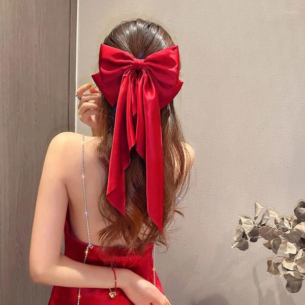 Accessoires pour cheveux, banderole rouge élégante, grand nœud, Clip de ruban pour femmes, mode Simple, solide, queue de cheval en Satin, épingle à cheveux pour filles