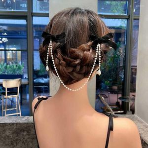 Accesorios para el cabello elegantes horquillas con lazo de terciopelo Vintage con borla cadena de perlas Clips decorativos dulces para mujer moda