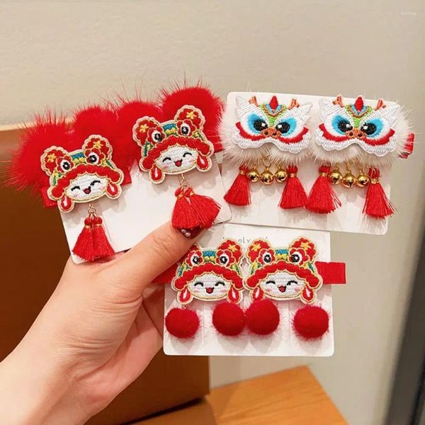 Accesorios para el cabello bordado niños horquilla roja borla dragón año chino sombreros niña bebé León danza Clip
