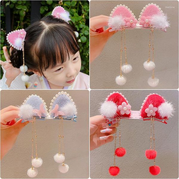 Accesorios para el cabello moda chicas Faux Fur Pom Ball borla Clips Vintage oreja pompón horquilla Hanfu Cosplay Headwear Party mujeres Pins