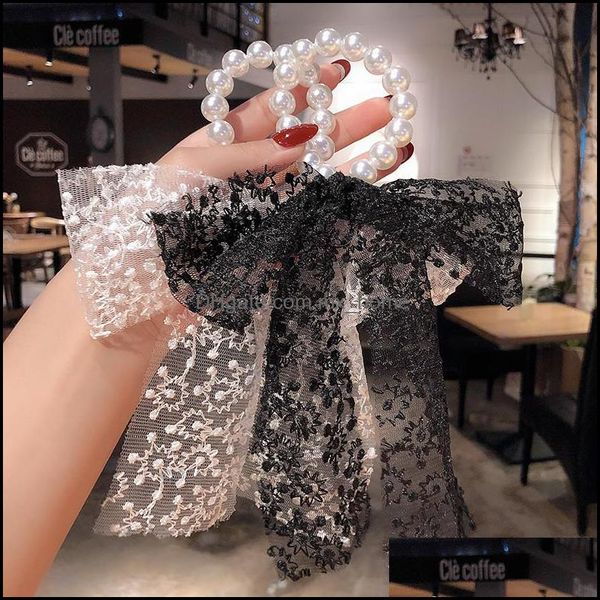 Accessoires de cheveux Fashion Lace Bowknot Pearl Elastic Rope For Woman Girls Simple Streamer Scrunchies Mxhome Drop Livrot 2021 MXHOME DHP8T