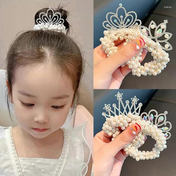 Accessoires de cheveux Mode Perle Couronne Princesse Bandes Élastique En Caoutchouc Enfants Boule Chignon Cravates Style