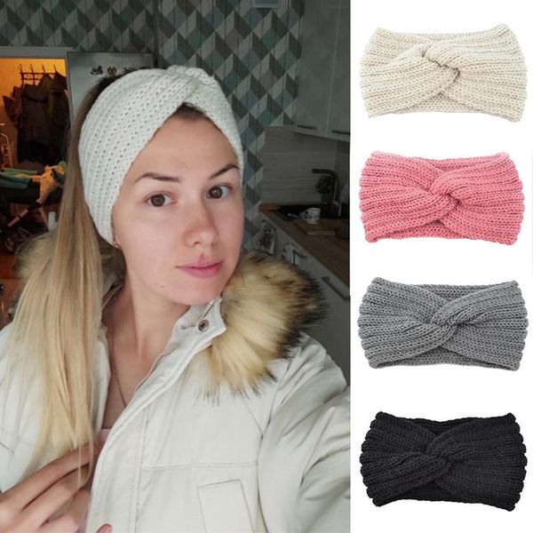 Accesorios para el cabello, diadema tejida con orejas cálidas para invierno, turbante ancho con nudo cruzado de ganchillo para mujer, diadema de Color sólido para mujer