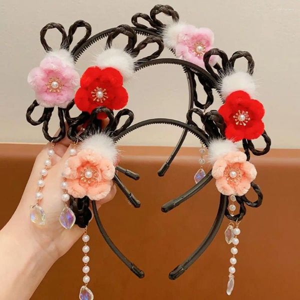 Accesorios para el cabello, peluca de flores para niños, diadema trenzada, traje Tang, aro, tocado de año chino, borla, palos Hanfu de estilo antiguo