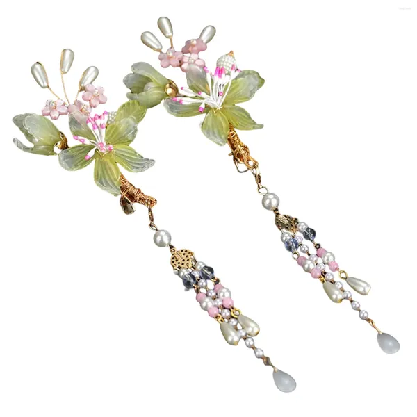 Accessoires pour cheveux Clips latéraux Hanfu pour fille, 2 pièces, bijoux de tissage de fleurs glacées avec pompon pour robe, outils de fabrication de coiffure