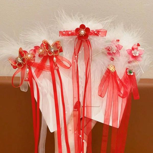 Accessoires pour cheveux filles, épingles à cheveux avec ruban à fleurs rouges, plumes et perles, pinces Hanfu, pompon papillon, couvre-chef de l'année chinoise, mignon pour enfant