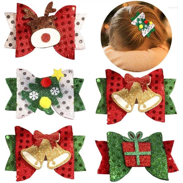 Accessoires de cheveux Glitter Christmas Bow Clips pour bébés filles ruban mignon arbre de Noël épingles à cheveux enfants Elk Jingling Bell Boutique épingle à cheveux