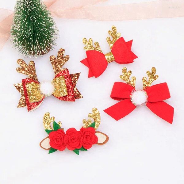 Accesorios para el cabello Oro Rojo Brillo Lentejuelas Arcos Clip Flor Astas Christams Horquillas Hecho a mano Niños Pom Ball Headwear Princesa Headdess