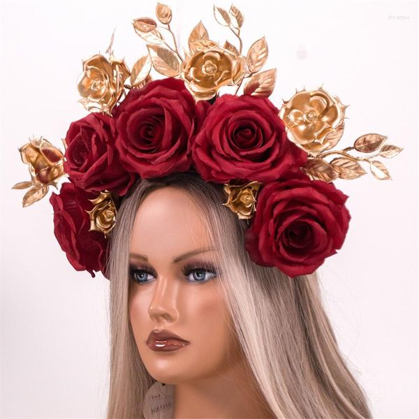 Accessoires pour cheveux faits à la main, Rose rouge foncé, Halloween, jour des morts, couronne de fleurs, couvre-chef Floral