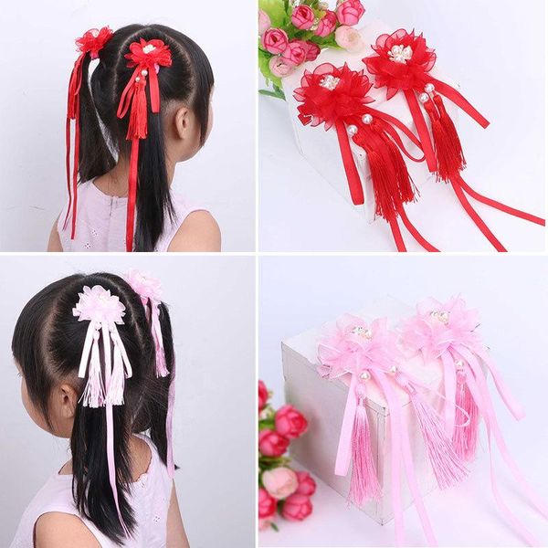 Accesorios para el cabello Hanfu estilo antiguo para niños con flecos largos Streamer flor horquilla individual par Clip tocado lado del bebé