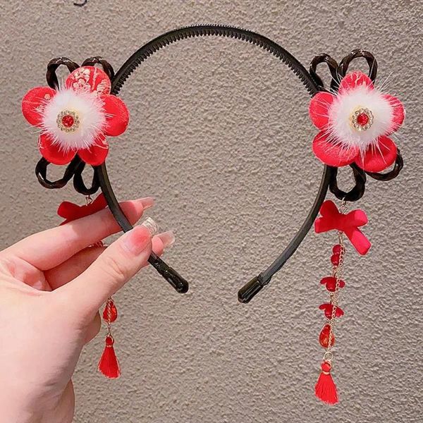 Accesorios para el cabello aro perla oreja flor bola de felpa borla accesorio de lazo año diadema niños diadema estilo chino