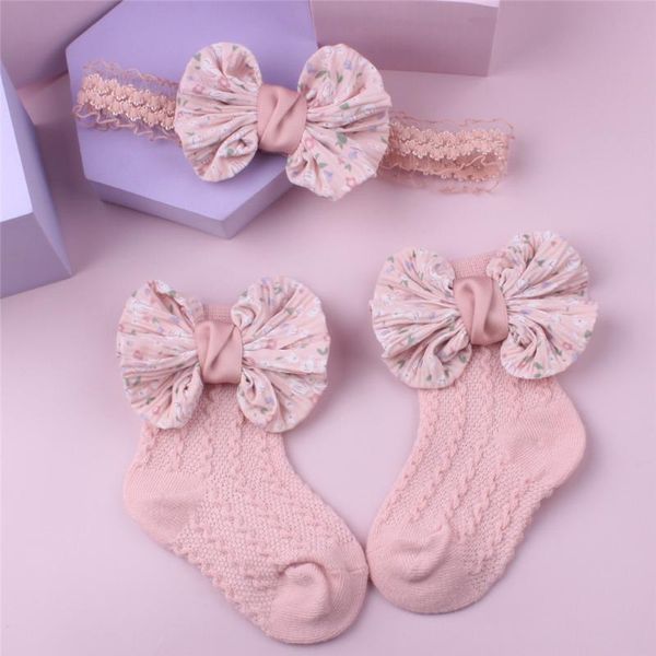 Accessoires cheveux infantile bébé fille bandeau chaussettes ensemble dentelle soie arcs né Floral élastique bandeaux enfant en bas âge pour 0-2THair