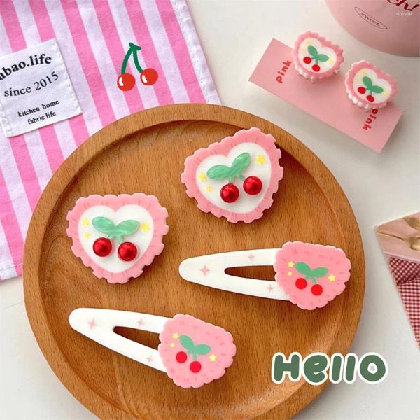 Accesorios para el cabello japonés coreano rojo cereza corazón amor Clips para niñas niños Linda Hada dulce princesa Rosa garra moda