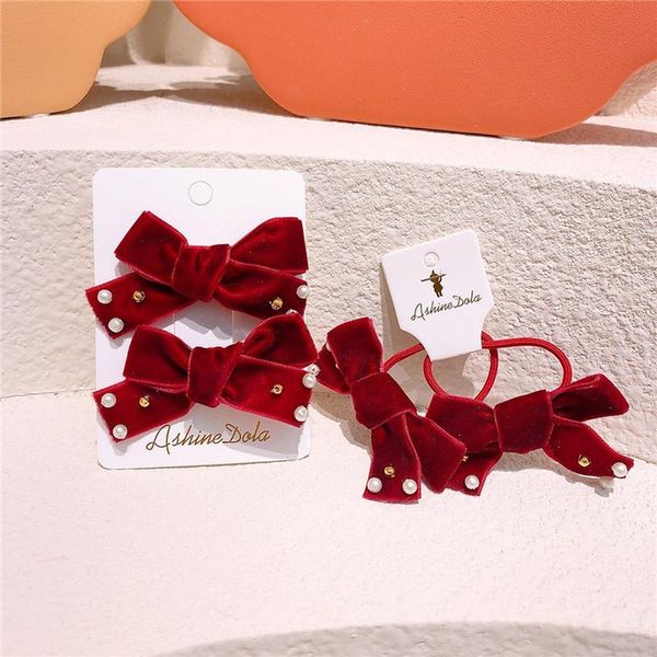 Accessoires de cheveux coréens pour filles mignonnes, corde rouge en velours perlé, nœud papillon princesse, Clips doux pour la mode des enfants