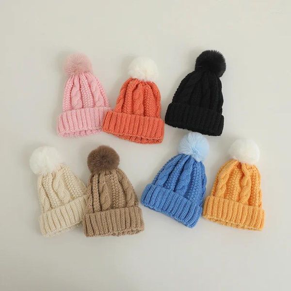 Accessoires de cheveux Chapeau d'hiver coréen pour enfants, couleur unie, tricot torsadé, bonnet pour bébé, gros Furball, garçons et filles, chapeaux en laine chauds pour nourrissons de 2 à 6 ans