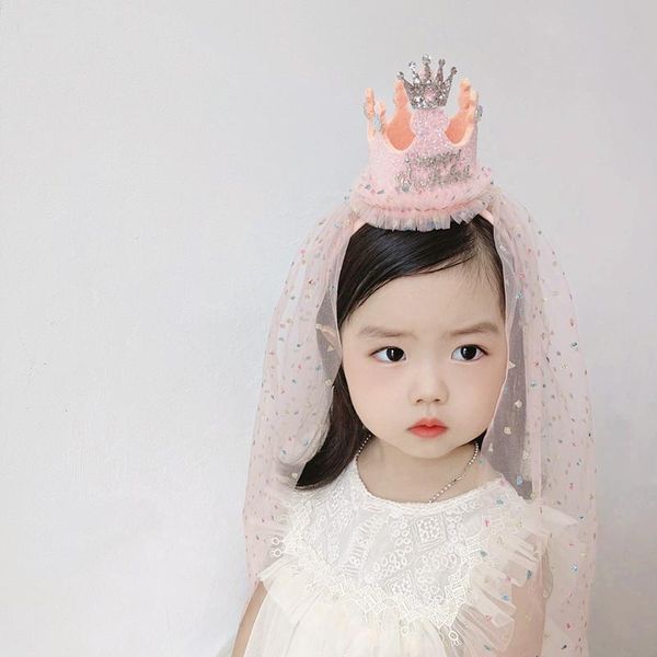 Accesorios para el cabello estilo coreano princesa corona sombrero de cumpleaños niños coloridos puntos de velo de malla de malla cabello de tela para niños gifthair