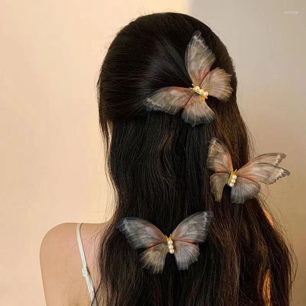 Accesorios para el cabello de malla para mujer, horquilla de mariposa con hoja muerta, borde de perla, estilo antiguo, decoración de boda para niña