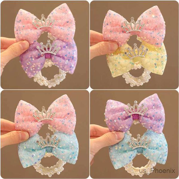 Accessoires de cheveux Nouveaux enfants mignons sequin perle couronne bowknot élastique élastique bandes de cheveux femmes filles traits de cheveux doux accessoires de cheveux pour enfants