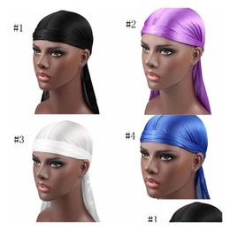 Accessoires pour cheveux Nouvelle mode hommes Satin Durags Bandana Turban perruques hommes soyeux Durag chapeaux bandeau Pirate chapeau cheveux accessoires Drop Dhoz9