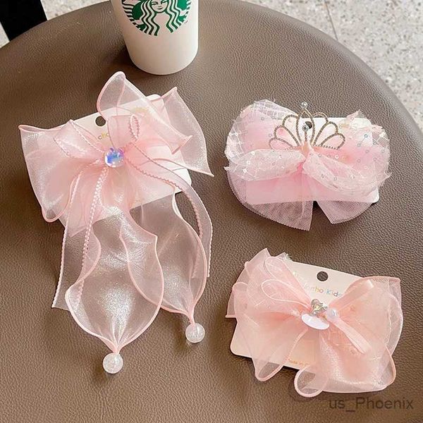 Accessoires de cheveux les plus nouvelles filles mignonnes rose couronne bowknot ornement clips de cheveux enfants gauze paillettes ruban épingles à cheveux enfants accessoires de cheveux doux