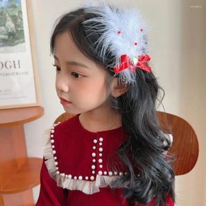 Accessoires pour cheveux, épingle à cheveux rouge en perles pour enfants, pompon, plume, Hanfu, papillon, costume Tang, Clip, couvre-chef pour bébé, année chinoise