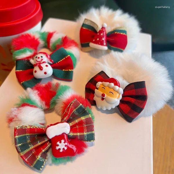 Accesorios para el cabello lazo a cuadros lazo de felpa cuerda de Navidad para niñas Santa Elk anillo decoración de fiesta de cola de caballo