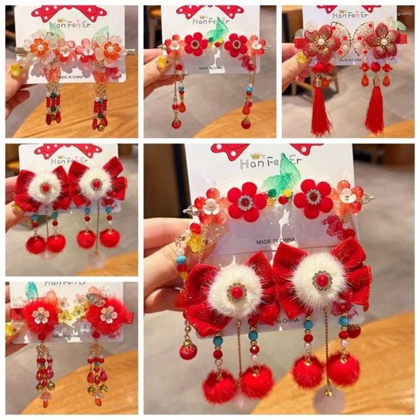 Accesorios para el cabello de felpa para niños, pajarita roja, horquilla, borla, flor, palos Hanfu, traje Tang, Clip de tela, sombreros de año chino para niñas